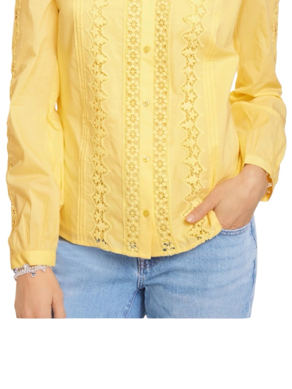 Talbots trim Voile top Yellow Eyelet Button-Down Shirt Women's size XL L411